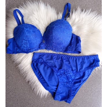 Lace Padded Push Up Bra And Pant Set - Royal Blue
