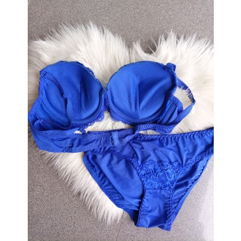 Lace Padded Push Up Bra And Pant Set - Royal Blue