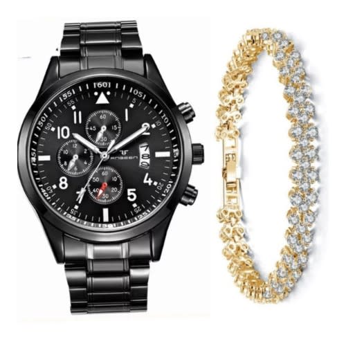 2 In 1 Studded Casual Unisex  Wrist Watch With Gold Bracelet