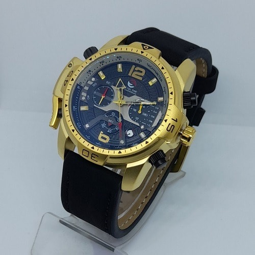 Time Leader Chronograph Black Leather Watch - Gold Case