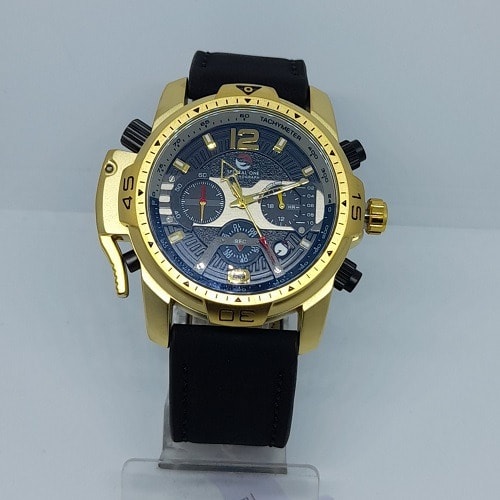 Time Leader Chronograph Black Leather Watch - Gold Case