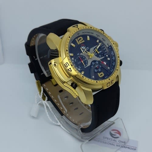 Time Leader Chronograph Black Leather Watch - Gold Case