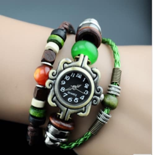 Women's Watch with Genuine Leather and Beads Strap