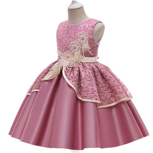 Girl Lace Satin Gown With Sequins Leaf - Pink