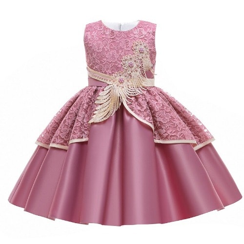 Girl Lace Satin Gown With Sequins Leaf - Pink