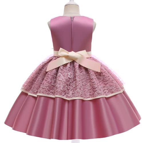 Girl Lace Satin Gown With Sequins Leaf - Pink