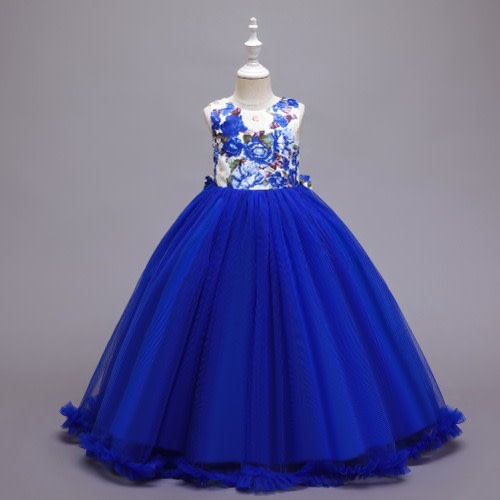 Girl Floral Up Long Gown - Royal Blue