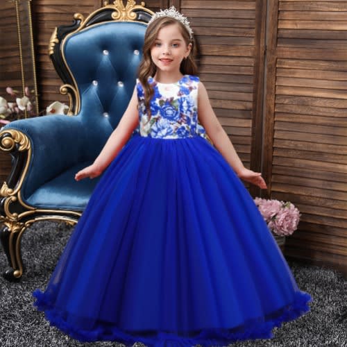 Girl Floral Up Long Gown - Royal Blue
