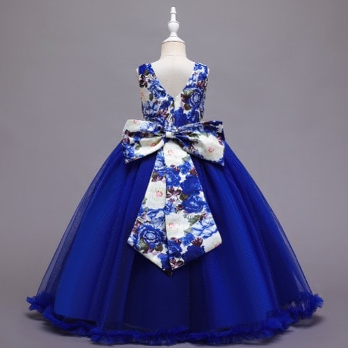 Girl Floral Up Long Gown - Royal Blue