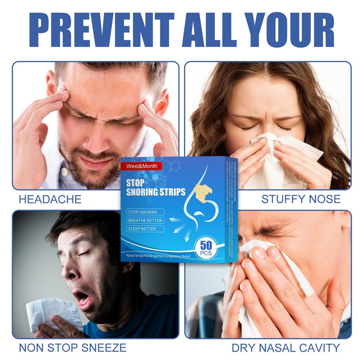 West&Month 50PCS Nose Nasal Strips to Reduce Snoring Anti-snoring and Relieve Nose Congestion