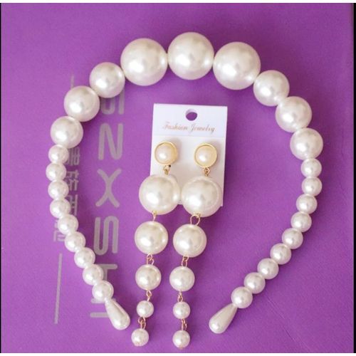 2 In1 Pearl Stone Bead Headwear Headband Hair Band & Earrings