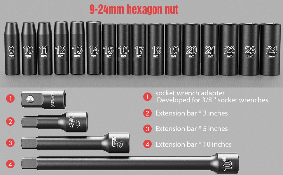 20PCS 1/2-Inch Drive Metric Deep Cr-V Impact Socket Set