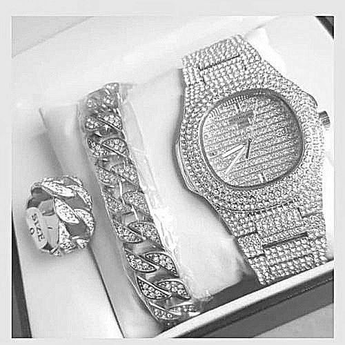 2019 Fashionable Set Of Iced Wristwatch With Bangle And Ring - Silver