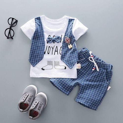 Boys Gentleman Short Sleeve Top + Plaid Shorts - Blue