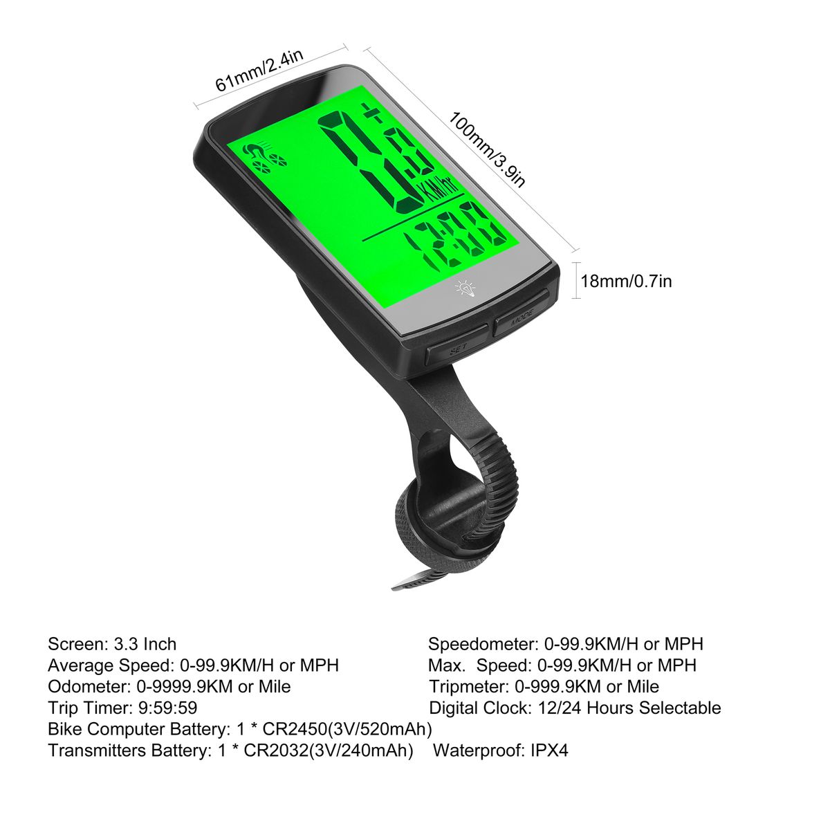 Wireless Bike Computer 3.3 Inch LED Digital Bicycle