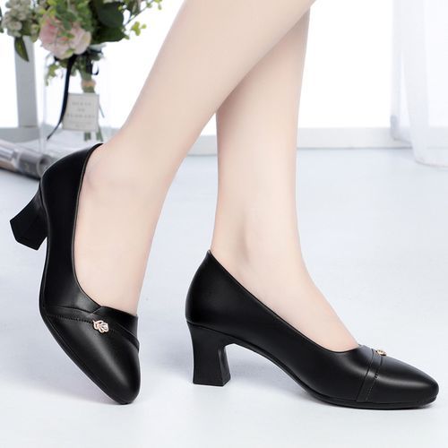 Big Size Leisure Breathable Female Hill Heel Shoes Non-slip Mid-low Heels-Black