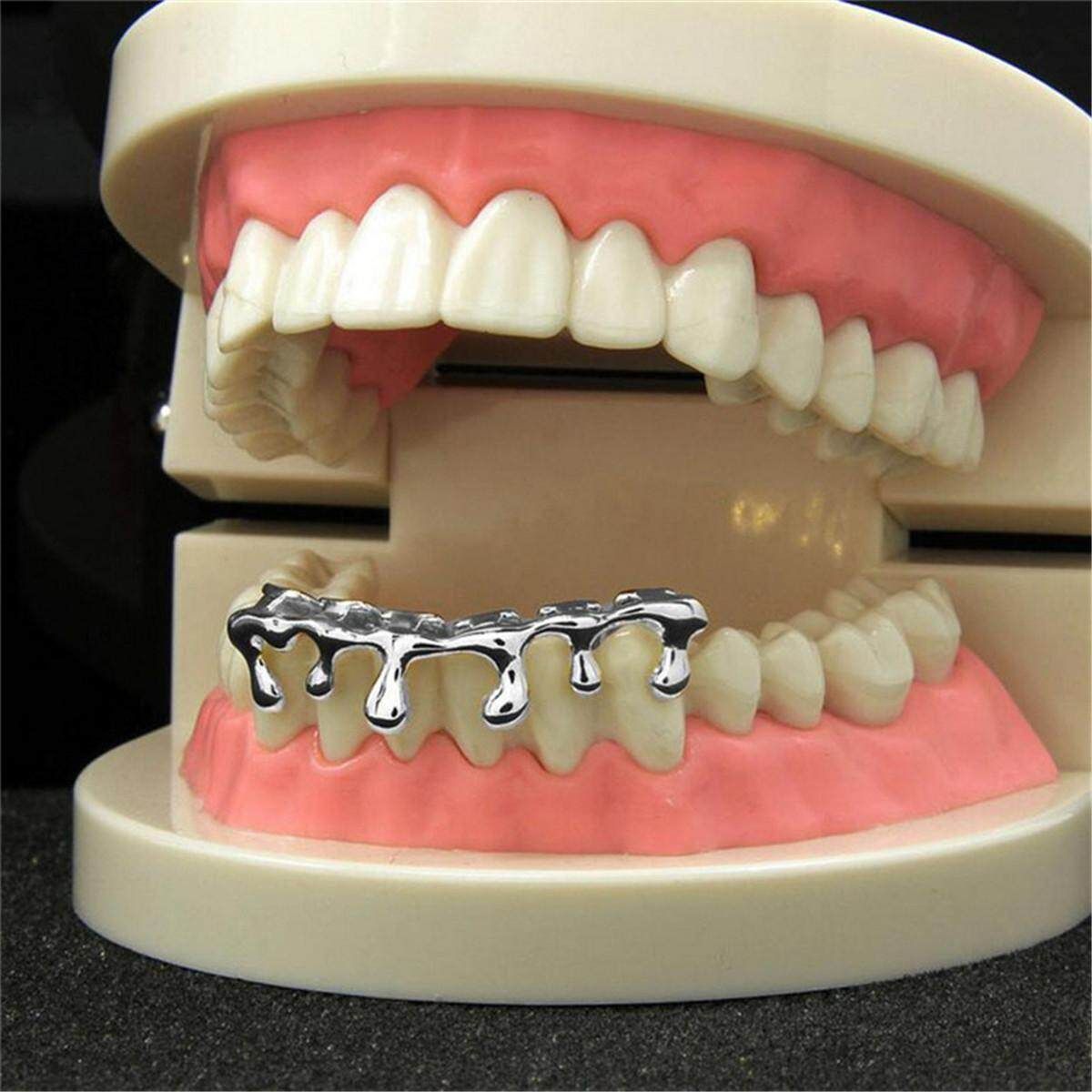 Custom Fit 14k Gold Plated Hip Hop Teeth Drip Grillz Caps Lower Bottom Grill Set Silver Silvery