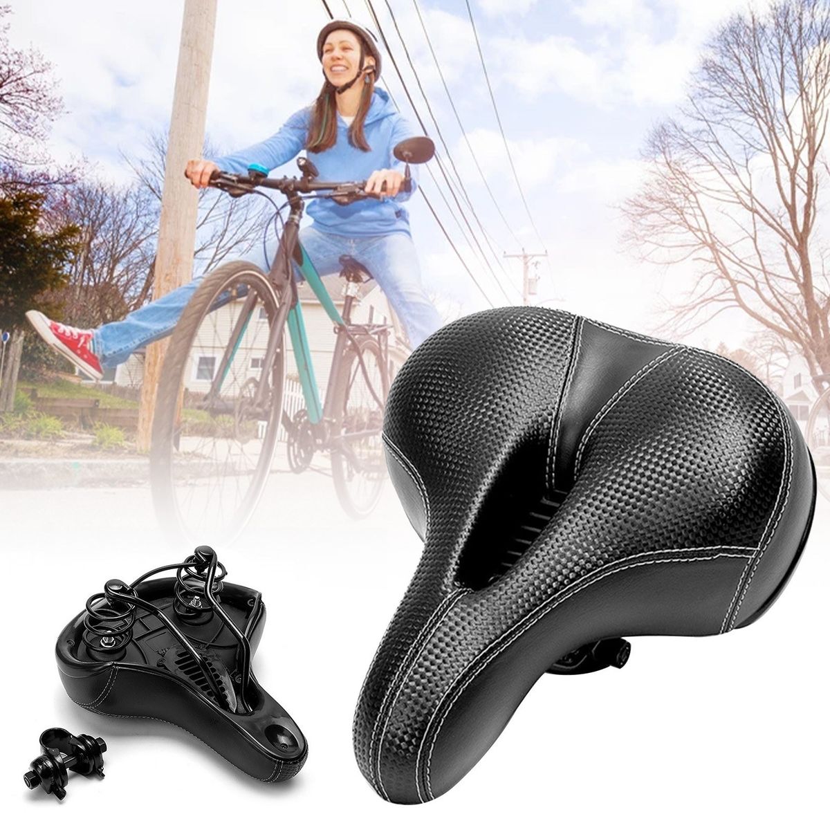 Wide Big Bike Saddle Seat Pad Ergonomic Groove Dual-spring