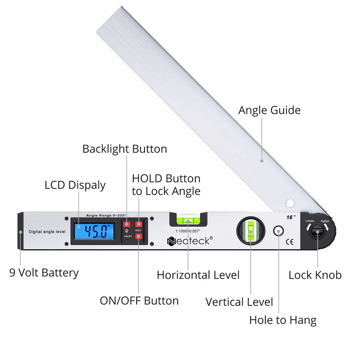 Digital Angle Finder Electronic Protractor LCD Display NTK078