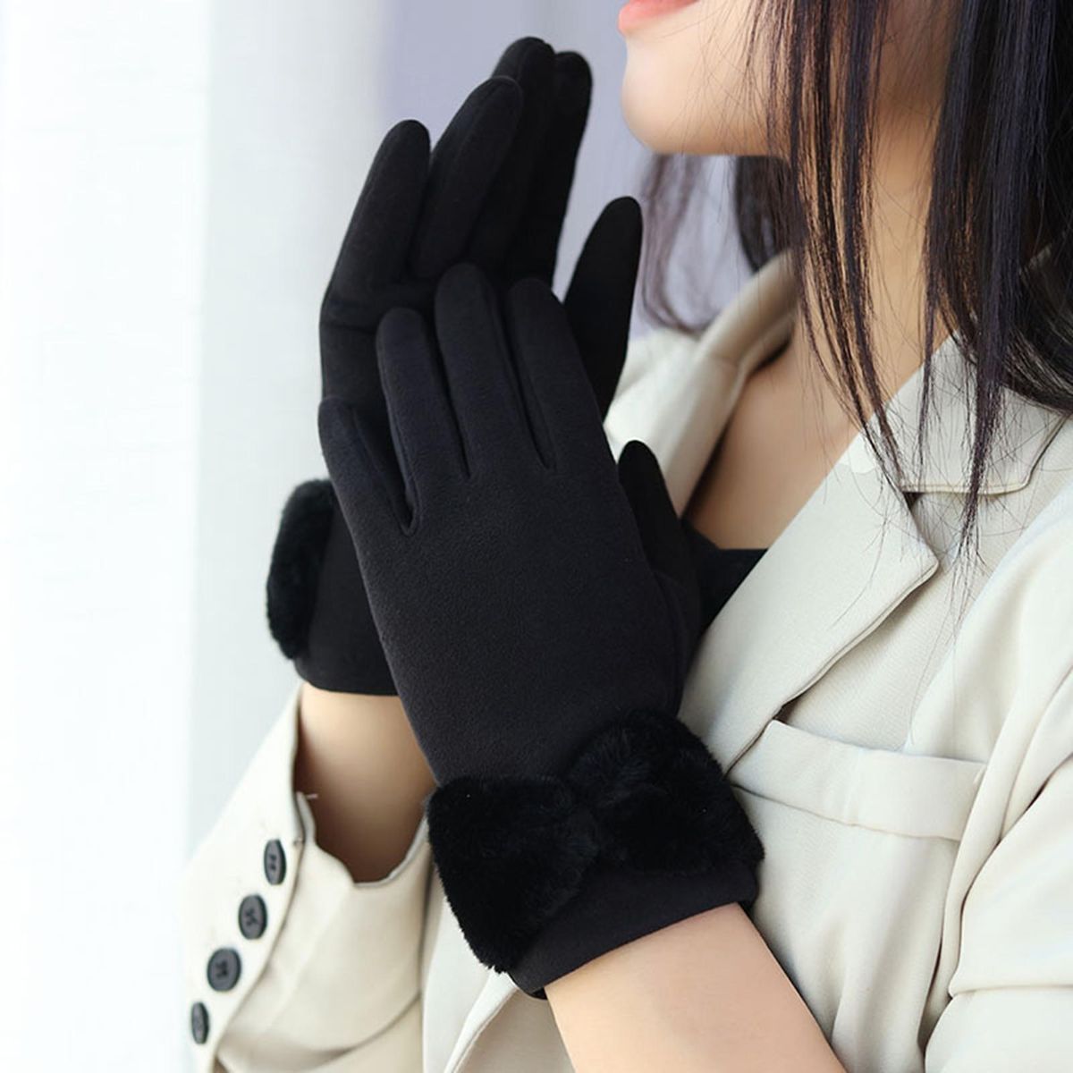 1 Pair Thermal Women Winter Double-sided Fleece Hand Protector Black
