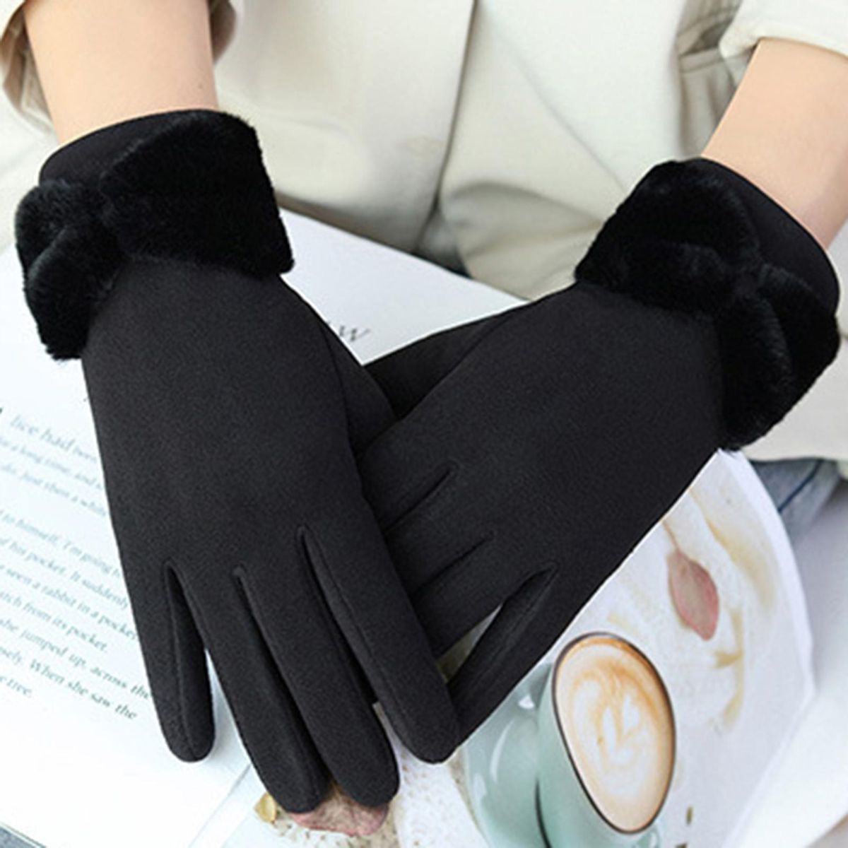 1 Pair Thermal Women Winter Double-sided Fleece Hand Protector Black