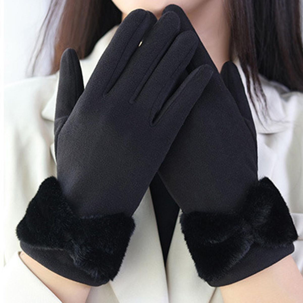1 Pair Thermal Women Winter Double-sided Fleece Hand Protector Black