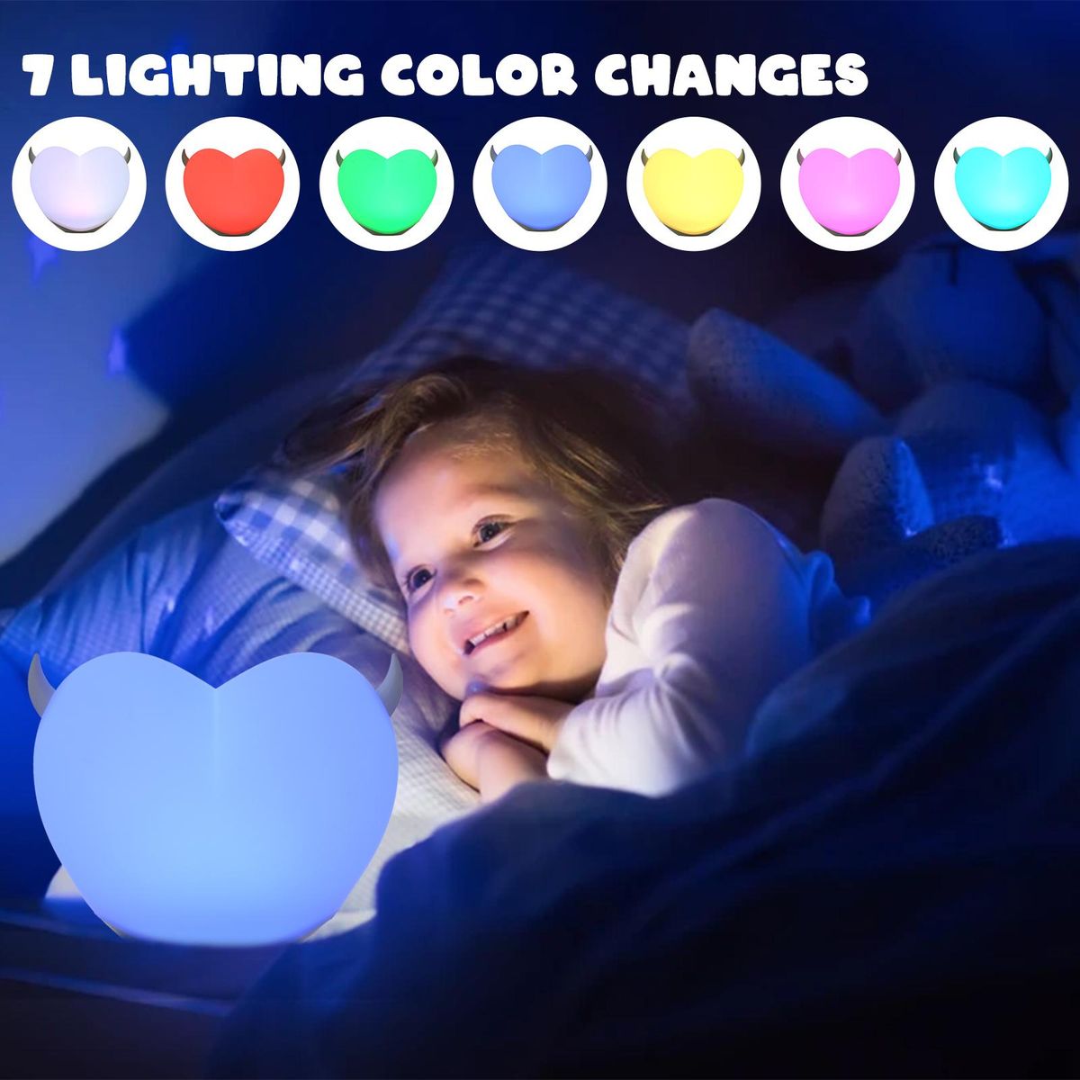 Heart-shaped Lamp Soft Energy-saving Pat Change Color with 2 Pairs Replacable Decorative Corners Decompression Pinch Night Light