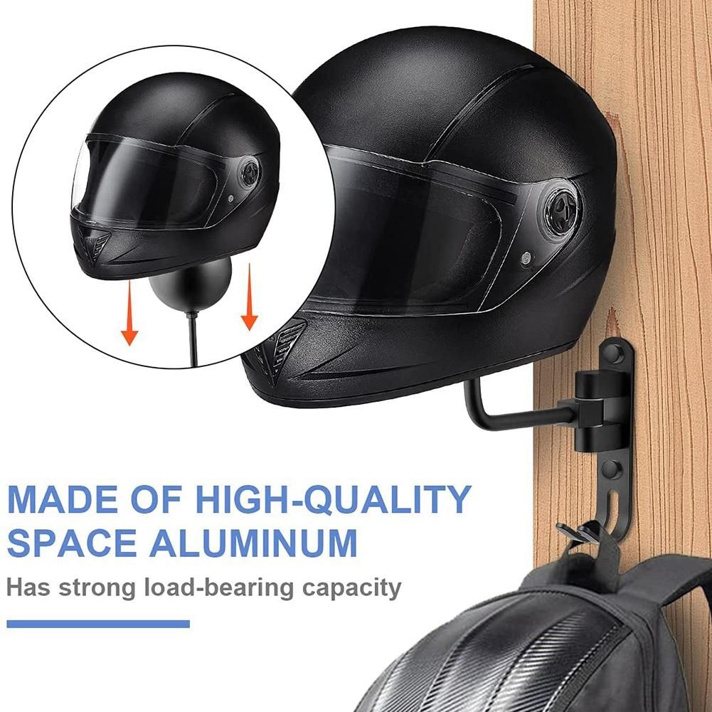 180° Motorcycle Helmet Rack, Rotation Metal Helmet Holder Wall Mount, Helmet Holder Bike with 2 Hooks Helmet Hanger,1