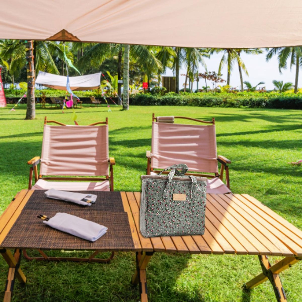 Outdoor Travel Insulated Picnic Bag Reusable Canvas Cooler for Food Green