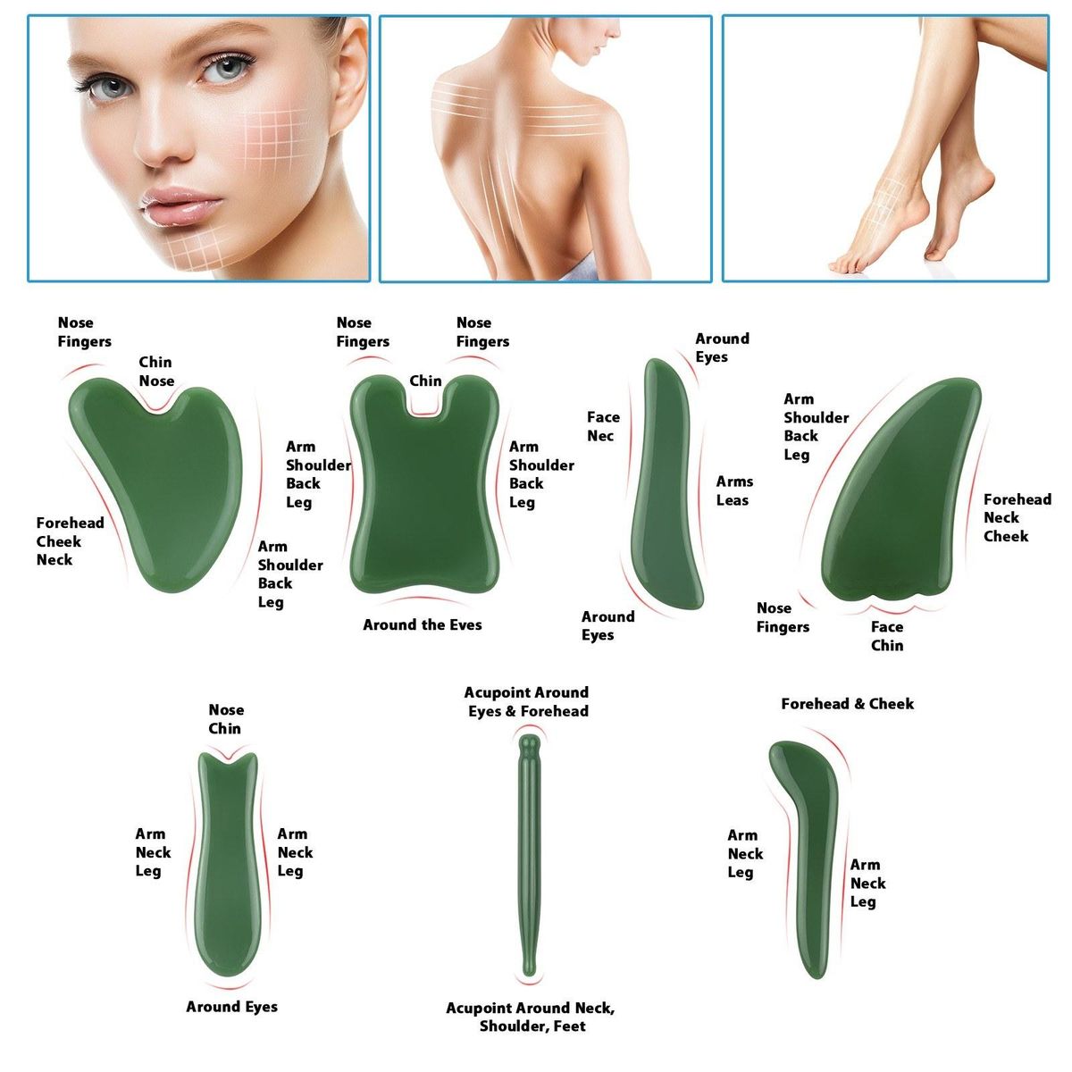 Set of 7 Jade Face Massage Tool Facial Scraping Tool Scraper Board for Facial Body Skin Treatment Pain Relief Scraping Massagers Stone Home & SPA