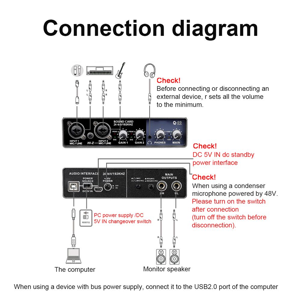 Portable Audio Interface USB Sound Card Mic Preamplifier