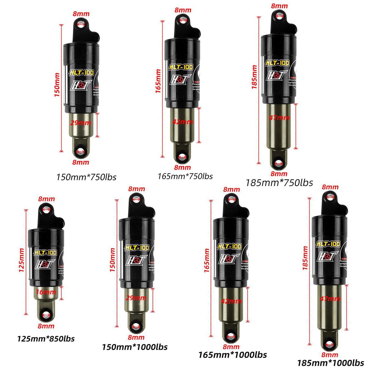 Bicycle Oil Spring Shock Bike Rear Shock Absorber 125/150/165/185mm 750/850/1000 lbs for Electric Bike Snow Bike