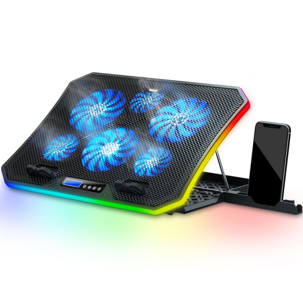 C12 Laptop Cooling Pad RGB Gaming Notebook Cooler For Desk And Lap Use, Laptop Fan Stand 8 Adjustable Heights With 6 Quiet Fans And Phone Holder, For 15.6-17.3 Inch Laptops