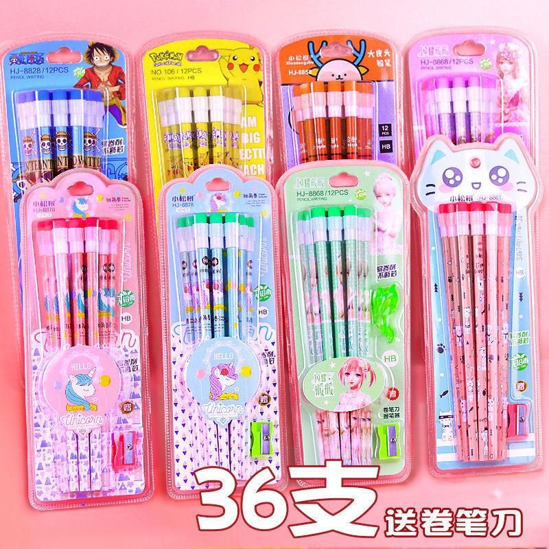 Pencil Set Cute Elementary School Student with Eraser round Brush Pot Hexagonal HB Kindergarten Children Cartoon Drawing School Gifts