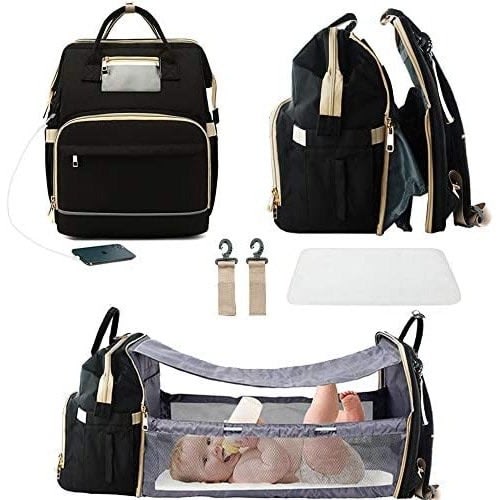 Baby Backpack - Diaper Bag With Convertible Crib Space - Black