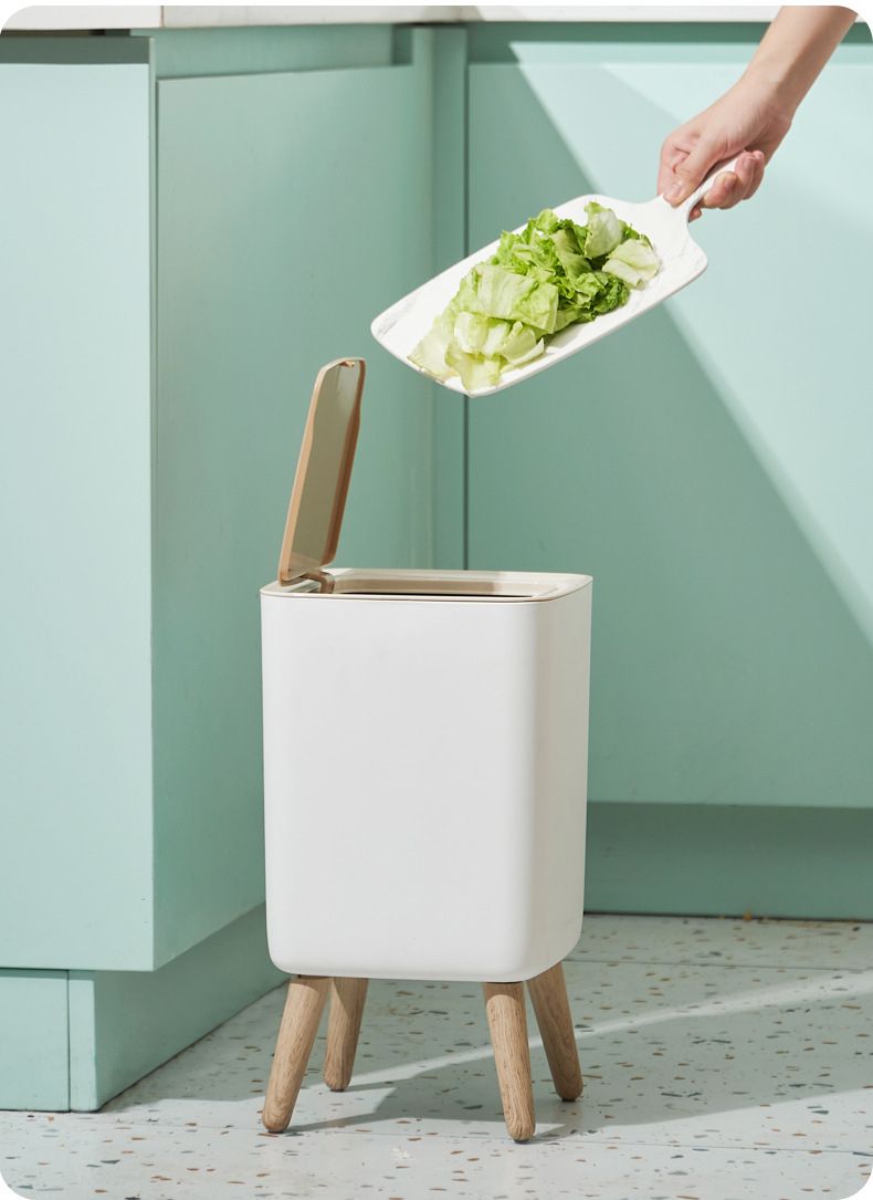 10L Wood-Grain Pop-Up Trash Can For Homes & Offices In White