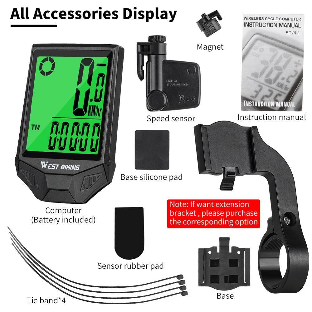 WEST BIKING Bike Computer Wireless Speedometer Odometer Waterproof LCD Backlight Cycling MTB Bicycle Computer Stopwatch Night Light Anti-interference