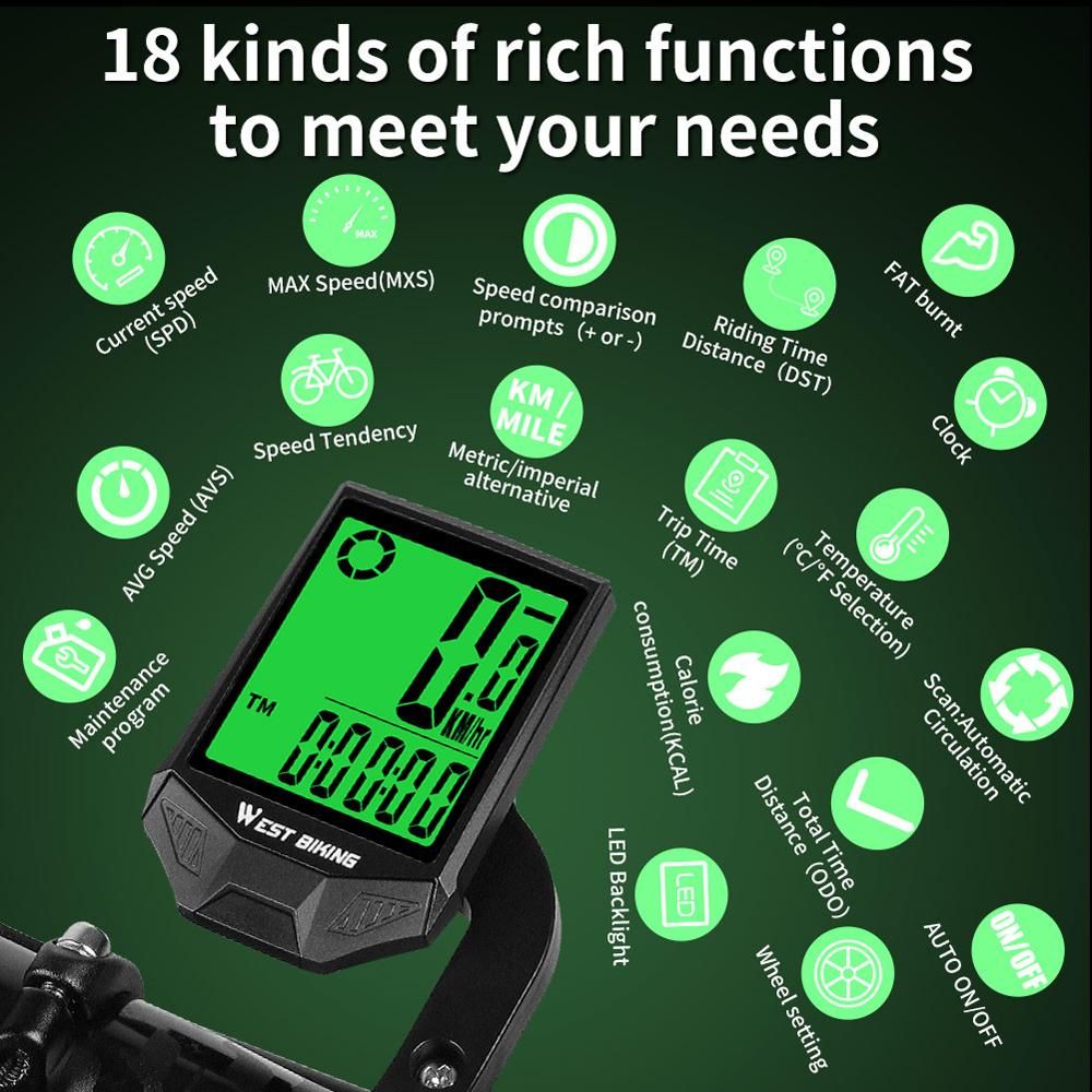 WEST BIKING Bike Computer Wireless Speedometer Odometer Waterproof LCD Backlight Cycling MTB Bicycle Computer Stopwatch Night Light Anti-interference