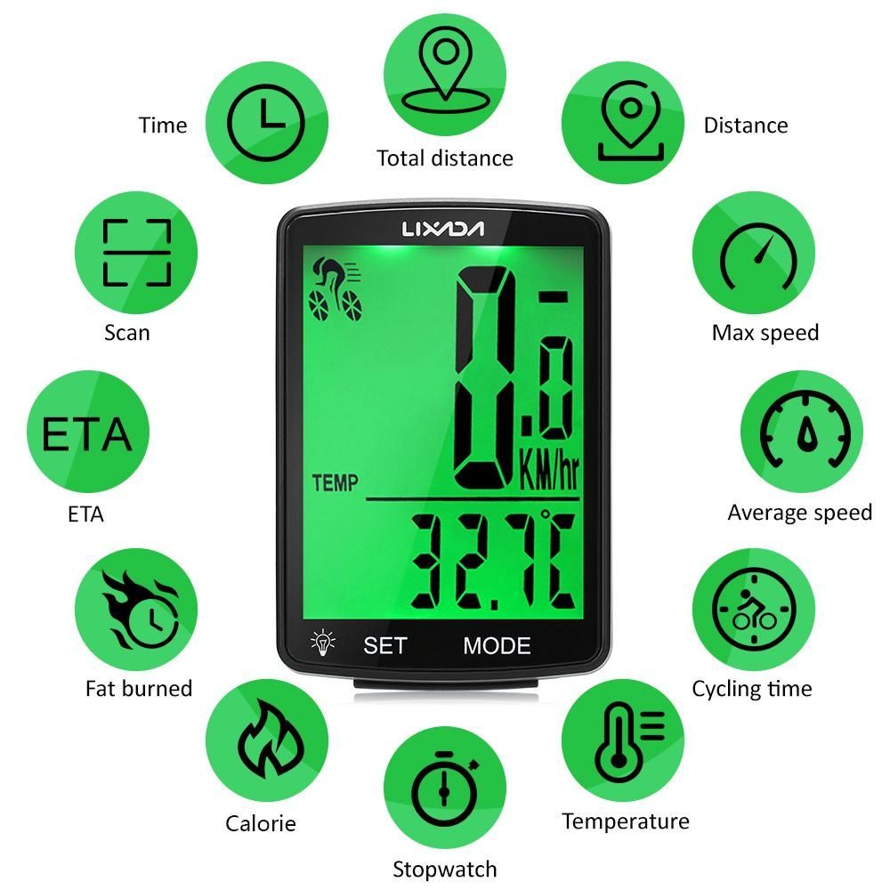 LIXADA Wireless Bike Computer Multi Functional LCD Screen Bicycle Computer Mountain Bike Speedometer Odometer IPX6 Waterproof Cycling Measurable Temperature Stopwatch  Cycling Accessories