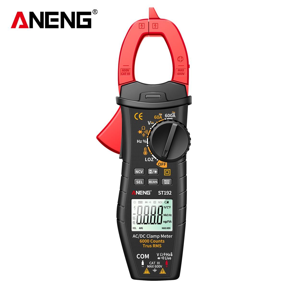 ANENG ST192 600A DC AC Clamp Meter 6000 Counts Auto-ranging Digital Multimeter LCD Screen Voltage Current Detector Pen Temperature Measuring LED Flashlight Multifunction Voltage Meter Continuity Resistance Frequency Testing