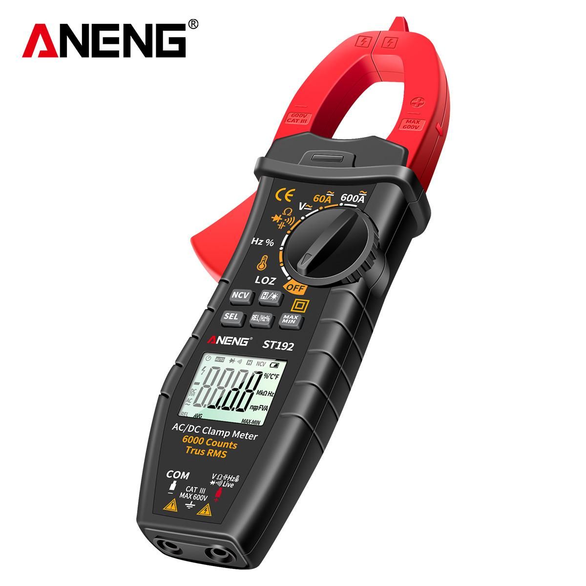 ANENG ST192 600A DC AC Clamp Meter 6000 Counts Auto-ranging Digital Multimeter LCD Screen Voltage Current Detector Pen Temperature Measuring LED Flashlight Multifunction Voltage Meter Continuity Resistance Frequency Testing