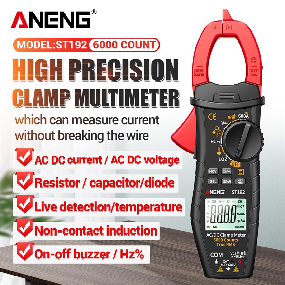 ANENG ST192 600A DC AC Clamp Meter 6000 Counts Auto-ranging Digital Multimeter LCD Screen Voltage Current Detector Pen Temperature Measuring LED Flashlight Multifunction Voltage Meter Continuity Resistance Frequency Testing