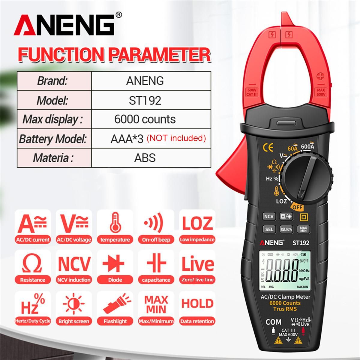 ANENG ST192 600A DC AC Clamp Meter 6000 Counts Auto-ranging Digital Multimeter LCD Screen Voltage Current Detector Pen Temperature Measuring LED Flashlight Multifunction Voltage Meter Continuity Resistance Frequency Testing