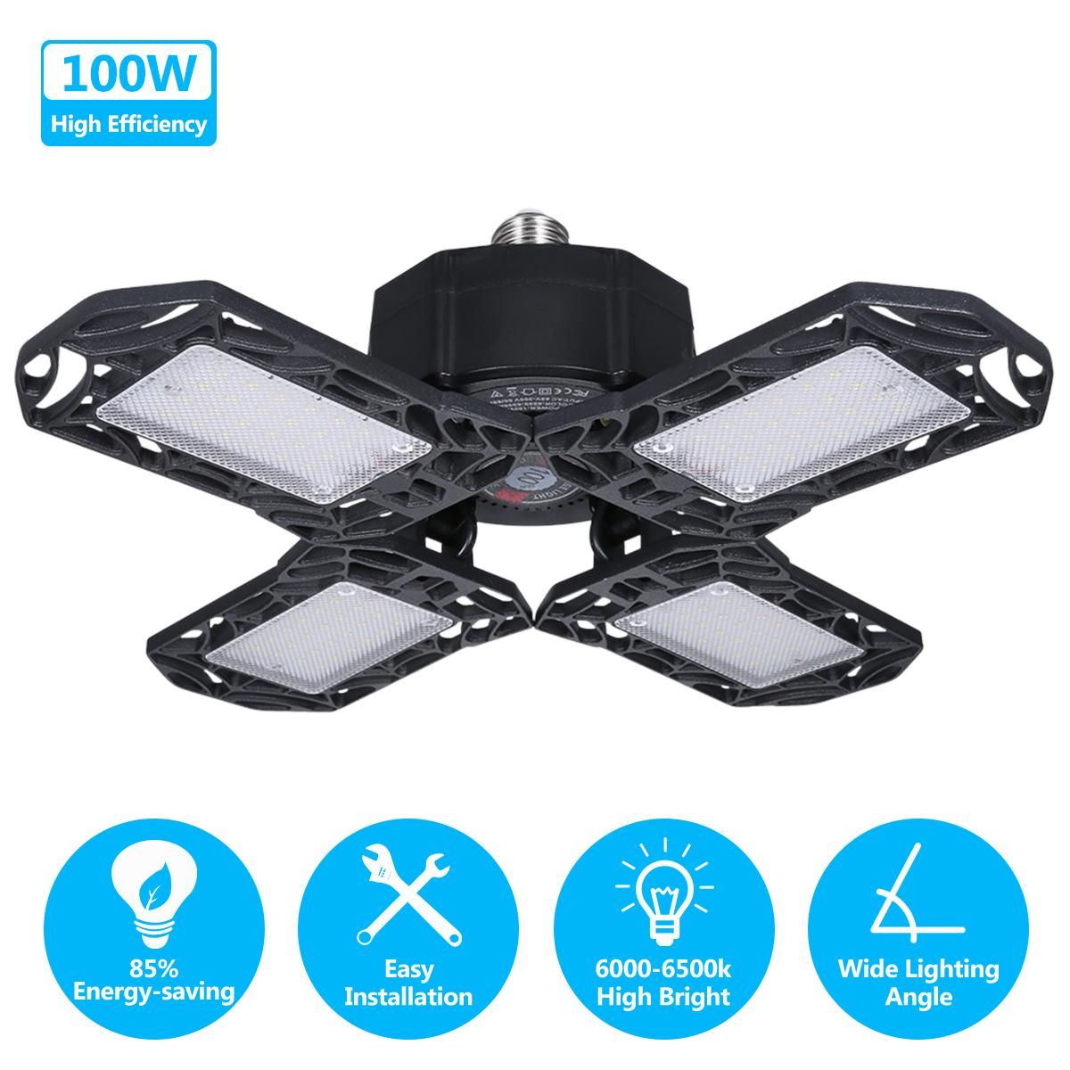 Tomshine LEDs Garage Light with Holder E26/E27 Base AC85-265V 100W Deformable Ceiling Light 4 Adjustable Blade 6000-6500k White Lighting for Garage Basement Workshop Warehouse