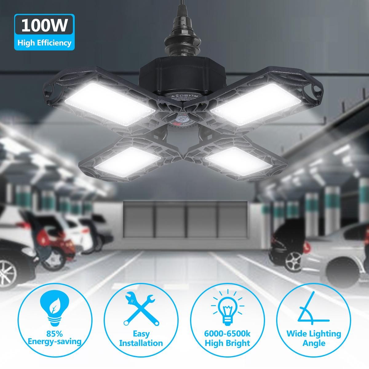 Tomshine LEDs Garage Light with Holder E26/E27 Base AC85-265V 100W Deformable Ceiling Light 4 Adjustable Blade 6000-6500k White Lighting for Garage Basement Workshop Warehouse