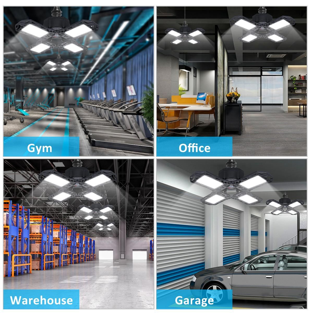 Tomshine LEDs Garage Light with Holder E26/E27 Base AC85-265V 100W Deformable Ceiling Light 4 Adjustable Blade 6000-6500k White Lighting for Garage Basement Workshop Warehouse