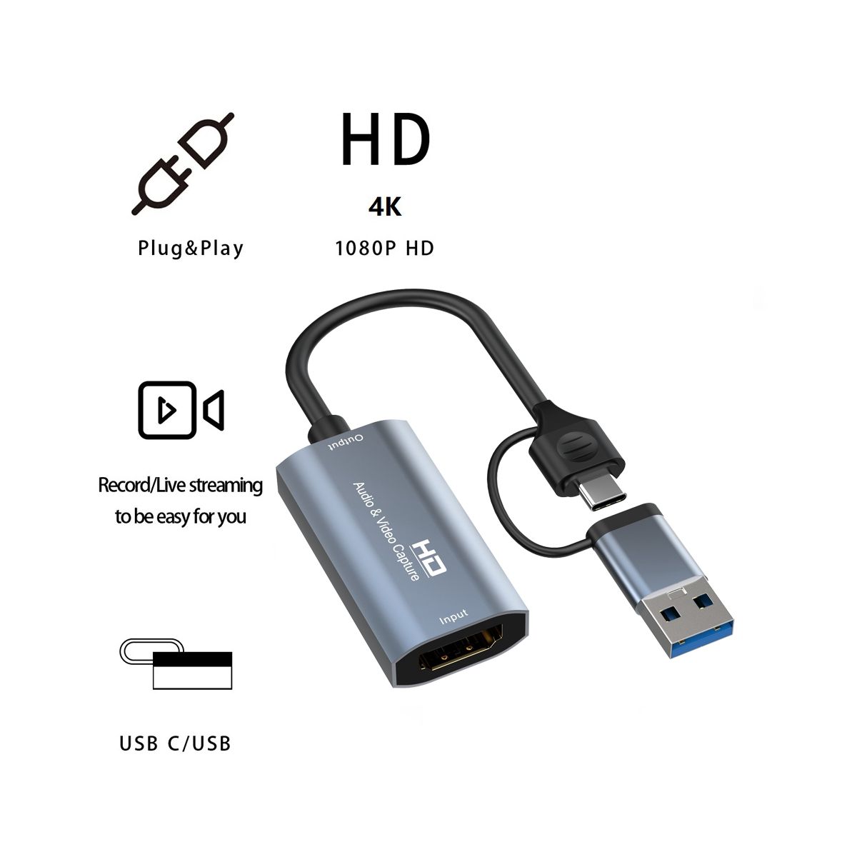 4K -Compatible to Type-C+USB Video Capture Card 1080P USB