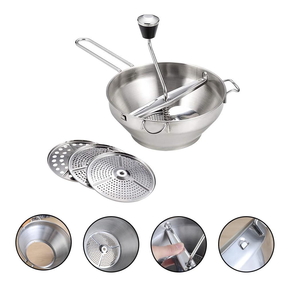 （Silver）Manual Food Mill With 3 Grinding Disks Rotary Blender Vegetable Cutter Kitchen Chopper Stainless Steel Mashed Potatoes Jams GRE