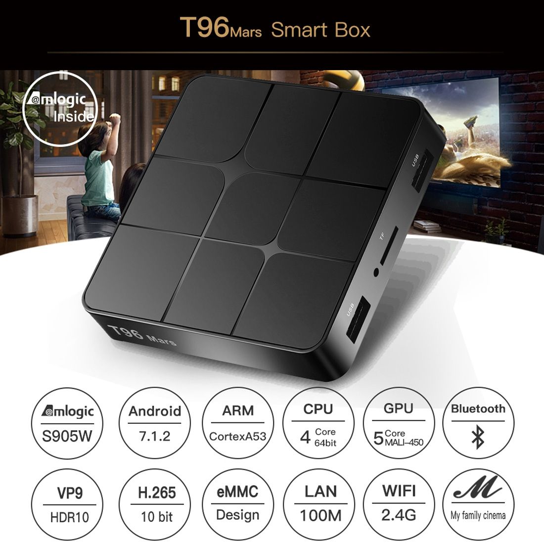 T96 Mars 4K HD Smart TV Box With Remote Controller, Android 7.1.2, S905W Quad-Core 64-Bits ARM Cortex-A53, 1GB+8GB, Support TF Card, HDMI, LAN, AV, WiFi(Black)