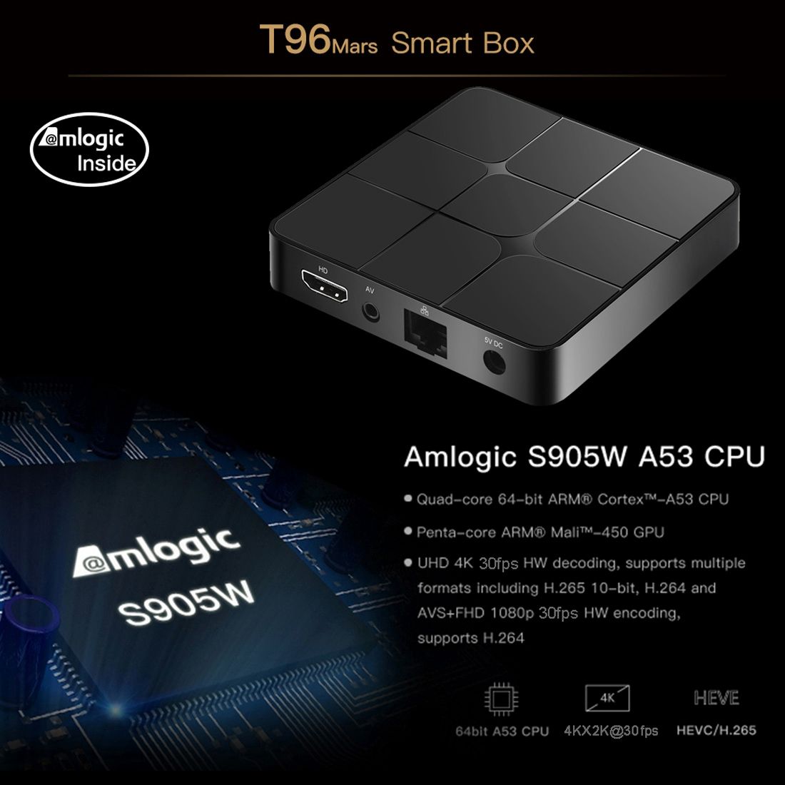 T96 Mars 4K HD Smart TV Box With Remote Controller, Android 7.1.2, S905W Quad-Core 64-Bits ARM Cortex-A53, 1GB+8GB, Support TF Card, HDMI, LAN, AV, WiFi(Black)